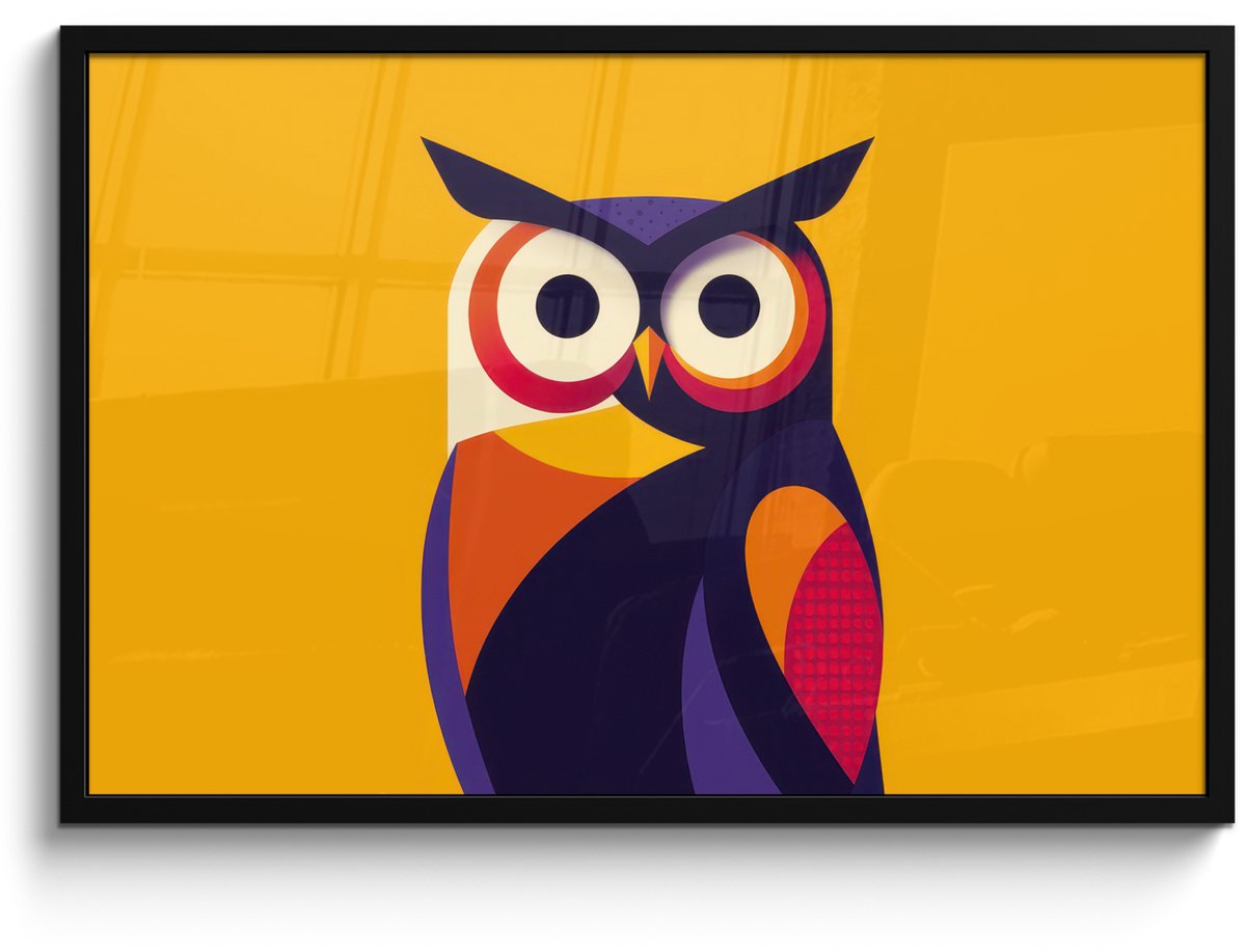 FrameYourWall Poster in lijst - Fotolijst 90x60 cm - Posters - Uil - Grafisch - Kleurrijk - Ogen - Posterlijst zwart - Decoratie - Wanddecoratie woonkamer - Muurdecoratie slaapkamer Uil - Ogen