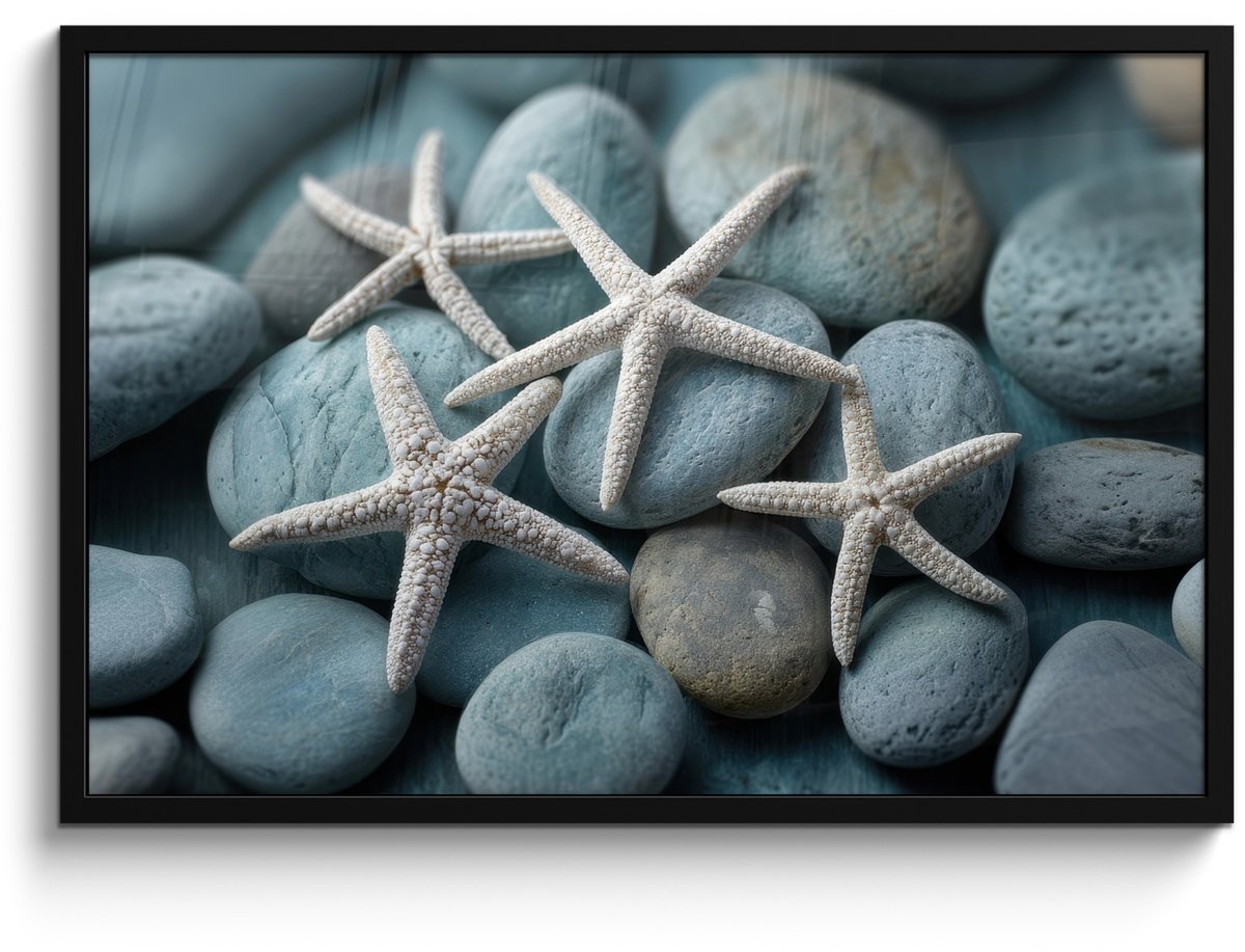 FrameYourWall Poster in lijst - Fotolijst 90x60 cm - Posters - Zeesterren - Stenen - Wit - Posterlijst zwart - Decoratie - Wanddecoratie woonkamer - Muurdecoratie slaapkamer