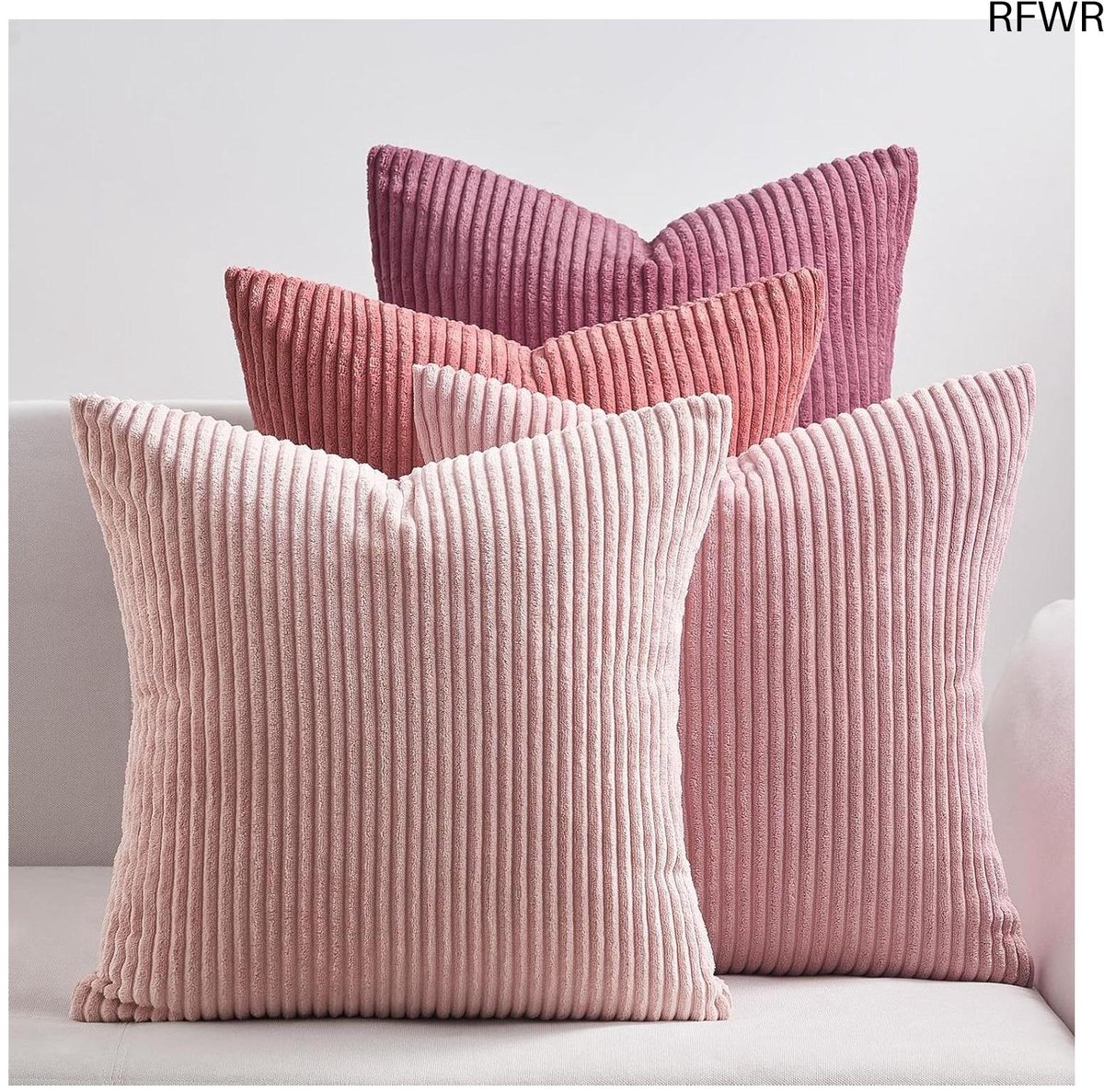 RFWR Ribfluwelen Kussenhoezen Set van 4 - 40x40cm - Roze Gestreept voor Woonkamer, Slaapkamer en Buiten