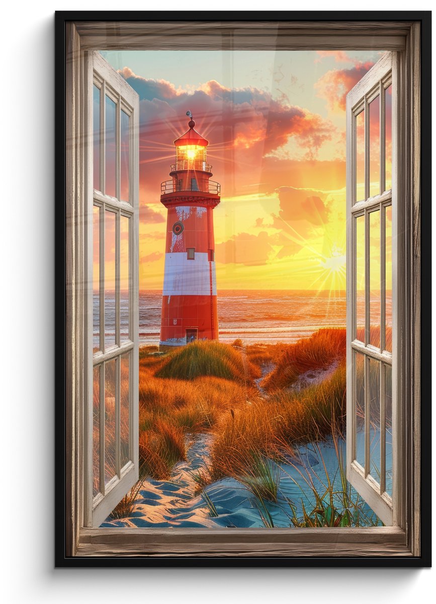 FrameYourWall Poster in lijst - Fotolijst 80x120 cm - Posters - Doorkijk - Raam - Vuurtoren - Zonsondergang - Strand - Posterlijst zwart - Decoratie - Wanddecoratie woonkamer - Muurdecoratie slaapkamer Zonsondergang - Vuurtoren