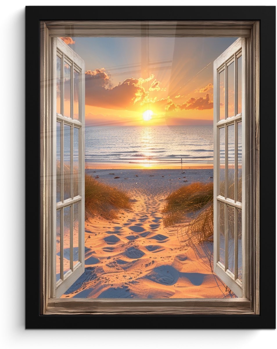 FrameYourWall Poster in lijst - Fotolijst 30x40 cm - Posters - Doorkijk - Strand - Duinen - Zonsondergang - Posterlijst zwart - Decoratie - Wanddecoratie woonkamer - Muurdecoratie slaapkamer Zonsondergang - Duinen