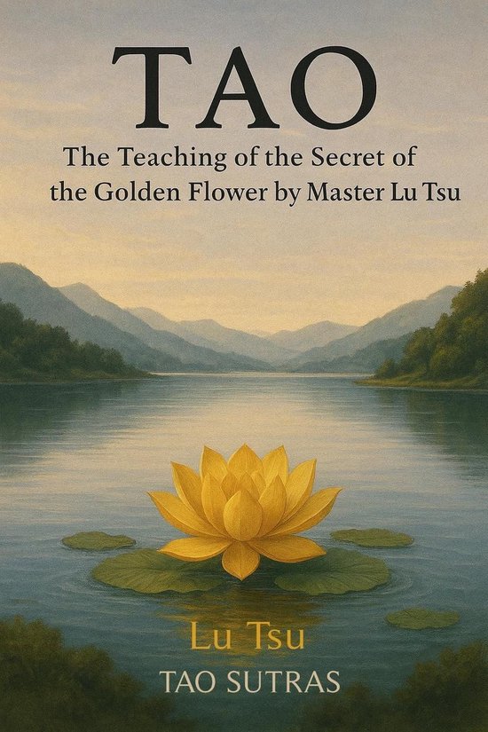 Boekomslag van 'Tao: The Teaching of the Secret of the Golden Flower by Master Lu Tsu'. Een gele lotusbloem drijft op een meer met bergen op de achtergrond.