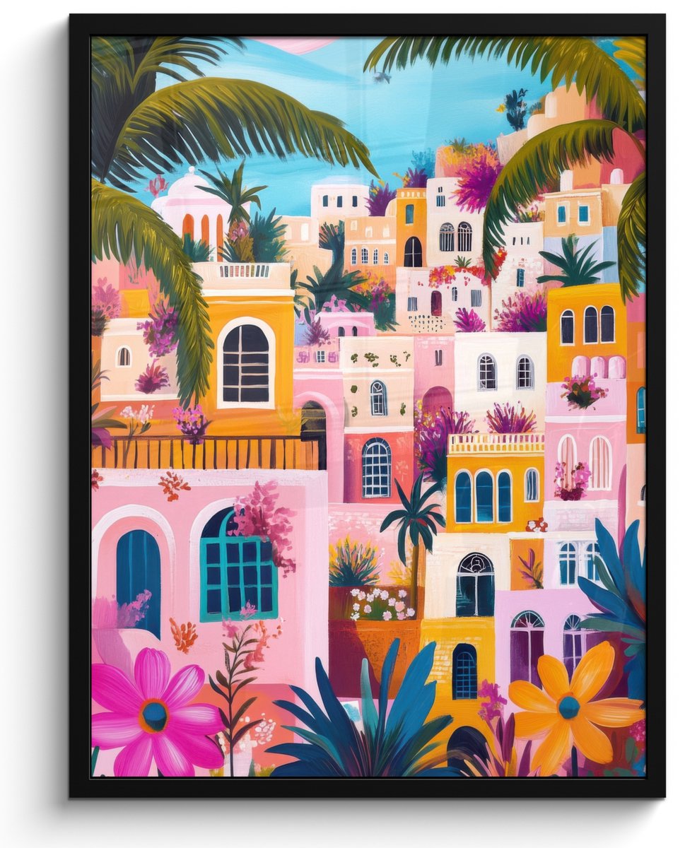 FrameYourWall Poster in lijst - Fotolijst 60x80 cm - Posters - Kleurrijk - Roze - Oranje - Geel - Bloemen - Posterlijst zwart - Decoratie - Wanddecoratie woonkamer - Muurdecoratie slaapkamer Stad - Kleurrijk