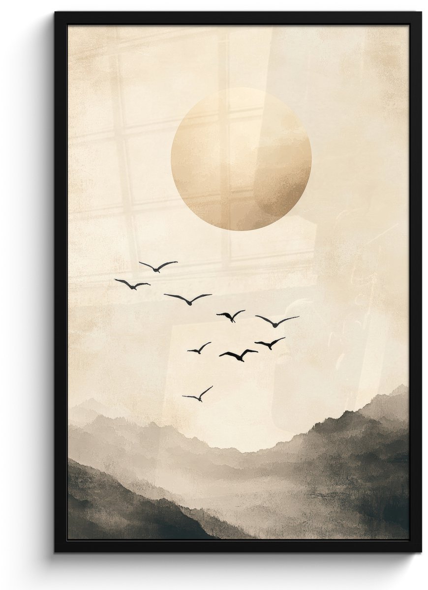 FrameYourWall Poster in lijst - Fotolijst 60x90 cm - Posters - Landschap - Japandi - vogel - Posterlijst zwart - Decoratie - Wanddecoratie woonkamer - Muurdecoratie slaapkamer