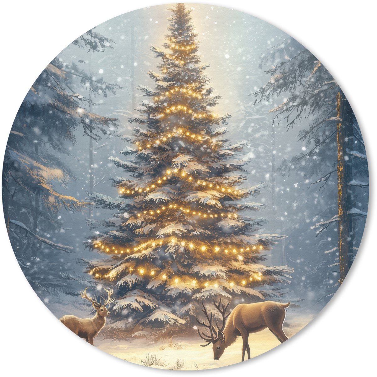 Muismat rond 30x30 cm - Mousepad Kerstlicht - Woud - Hert - Donker - Ronde muismatten