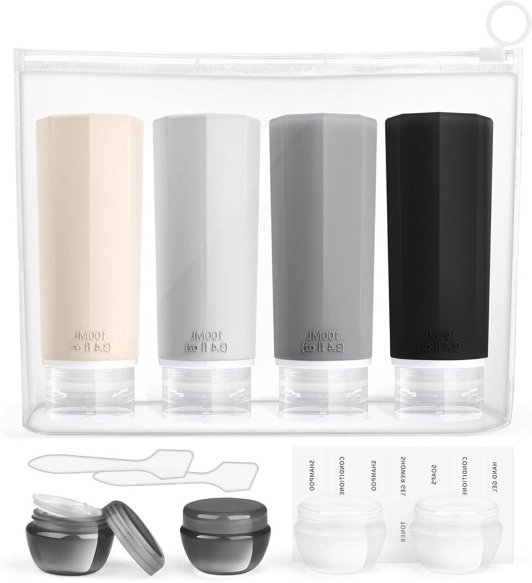 Image of 12 stuks siliconen reisflessen 100 ml vullen cosmetica vloeistoffen lekvrij navulbare reisset reisformaat container reisbenodigdheden opvullen reisflessen.