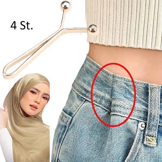 Ensemble de 4 pinces de réglage de taille – Épingles invisibles pour pantalon, pour affiner et sculpter la taille – Épingles en métal doré – Geen couture – Pinces de pantalon ajustables pour Jeans, Jupes et hijabs – Boutons de taille réutilisables