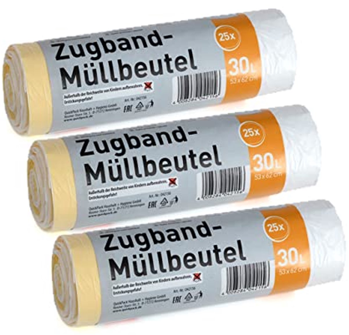 30 Liter Witte Vuilniszakken met Trekkoord - 3 Stuks
