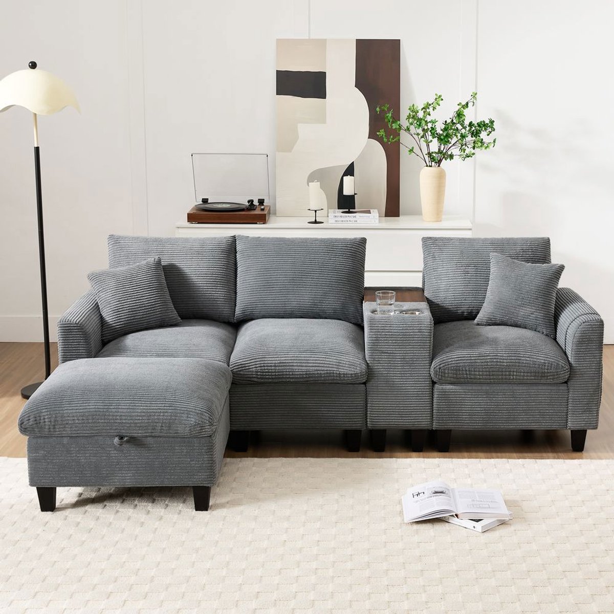 Pugsdrly Moderne L-hoekbank, slaapbank met console, 2 bekerhouders, USB-poorten, opbergvak in de armleuningen en kussens, corduroy stof, comfortabele bank voor woonkamer, appartement, kleine ruimtes, grijs