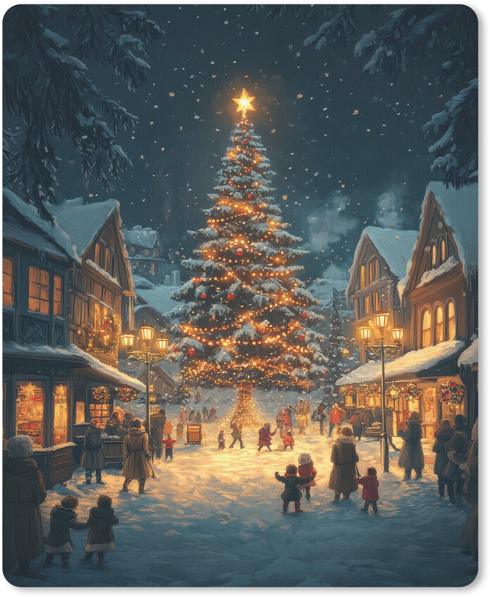 Muismat 19x23 cm - Mousepad Kerstfeest - Dorp - Donker - Muismatten
