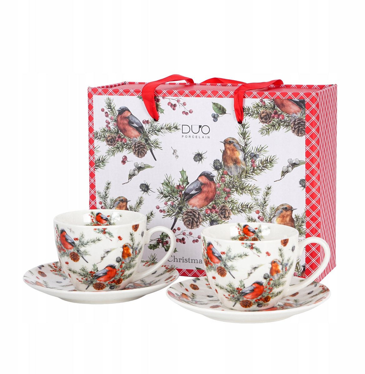 Kerst Vogels Porseleinen Kopjes met Schotels - 2 stuks, 280 ml