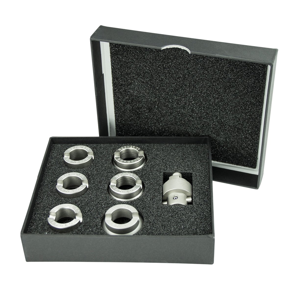 6 RX-inzetstukken gekarteld en adapter voor hulzenopener met handwiel Bergeon