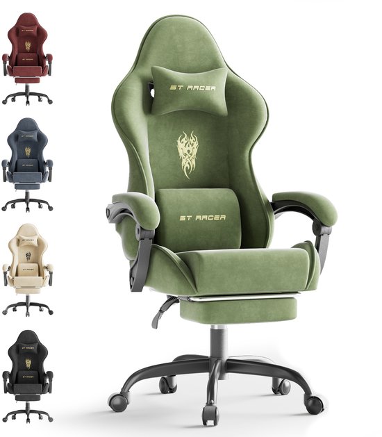 Gamingstoel in groen fluweel met nekkussen, lendenkussen en stuurlogo.