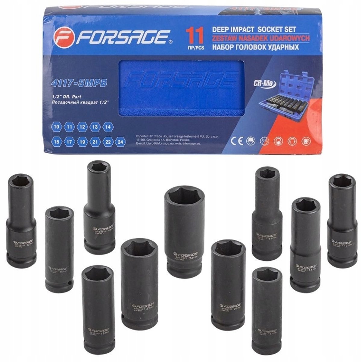 Forsage Hamerset 1/2" 11-delig 6-kant lang 10-24 mm