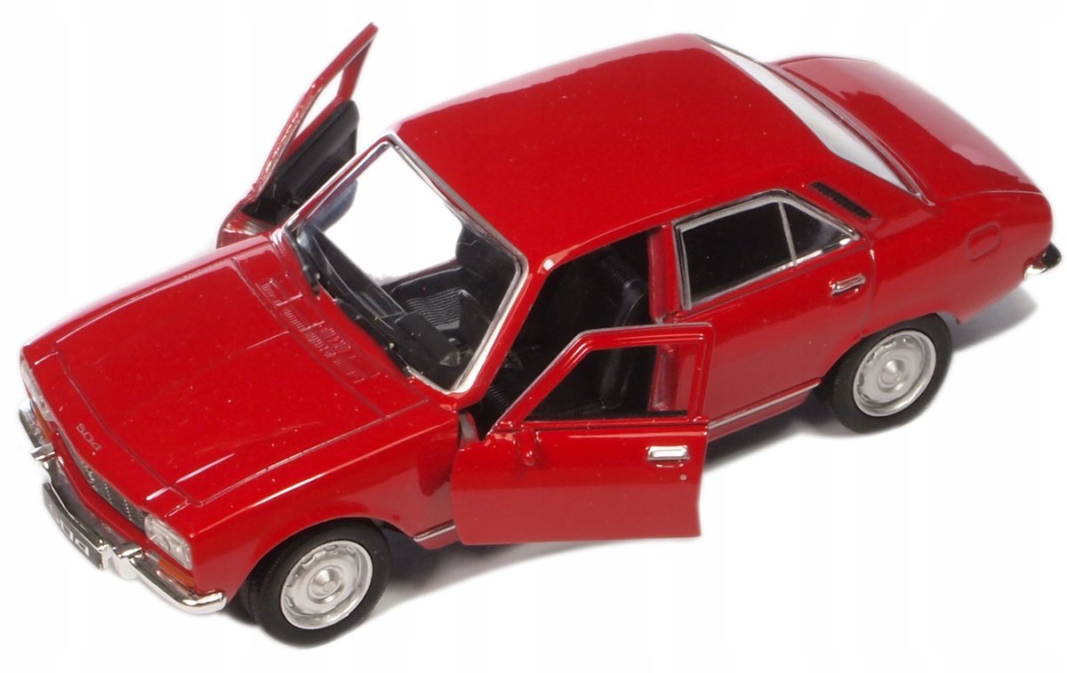 Welly 1975 Peugeot 504 modelauto - metallic, rode kleur, openslaande deuren