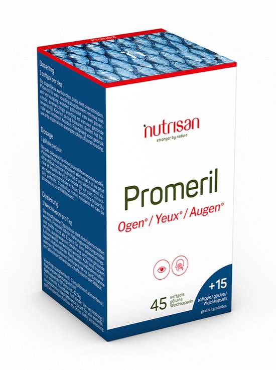 Nutrisan Promeril oogcapsules, doosje met blauwe textuur bovenzijde, met 'Ogen' in rode letters.