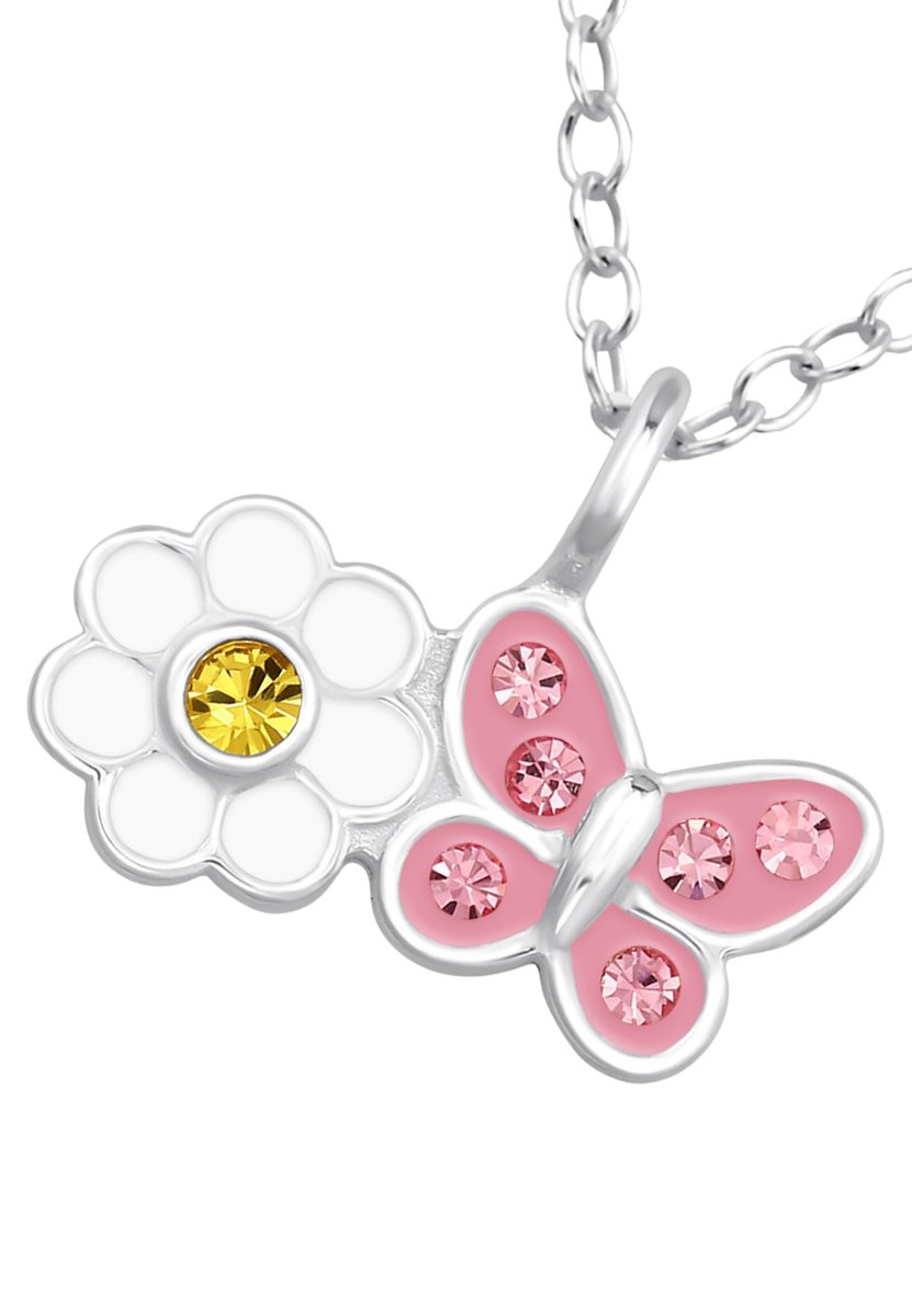 Madelief Bloemen met Vlinder Kinderketting van Sterling Zilver met Kristal en Epoxy