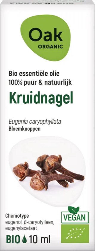 Oak Kruidnagel bio essentiële olie, 10 ml. De verpakking toont gedroogde kruidnagels en het 'VEGAN' logo.
