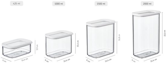 Quatre boîtes de conservation transparentes avec couvercles blancs, dans les tailles 425ml, 1000ml, 1500ml et 2000ml.