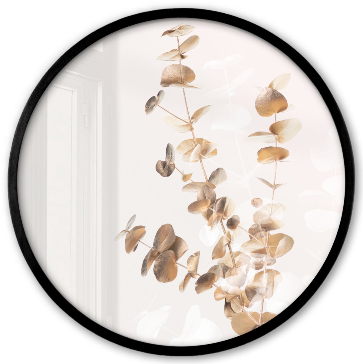 FrameYourWall Poster in lijst Rond - Fotolijst 40x40 cm - Posters - Eucalyptus - Goud - Bladeren - Luxe - Natuur - Ronde posterlijst zwart - Decoratie - Wanddecoratie woonkamer - Muurdecoratie slaapkamer Beige - Bladeren