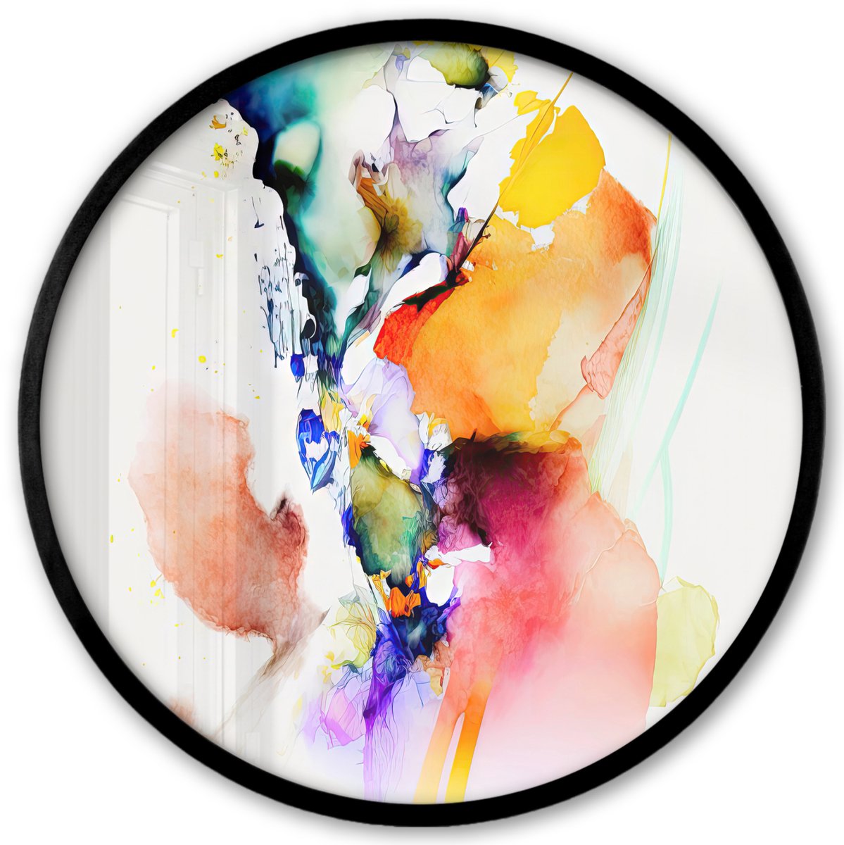 FrameYourWall Poster in lijst Rond - Fotolijst 40x40 cm - Posters - Waterverf - Regenboog - Abstract - Kunst - Ronde posterlijst zwart - Decoratie - Wanddecoratie woonkamer - Muurdecoratie slaapkamer Waterverf - Kleuren