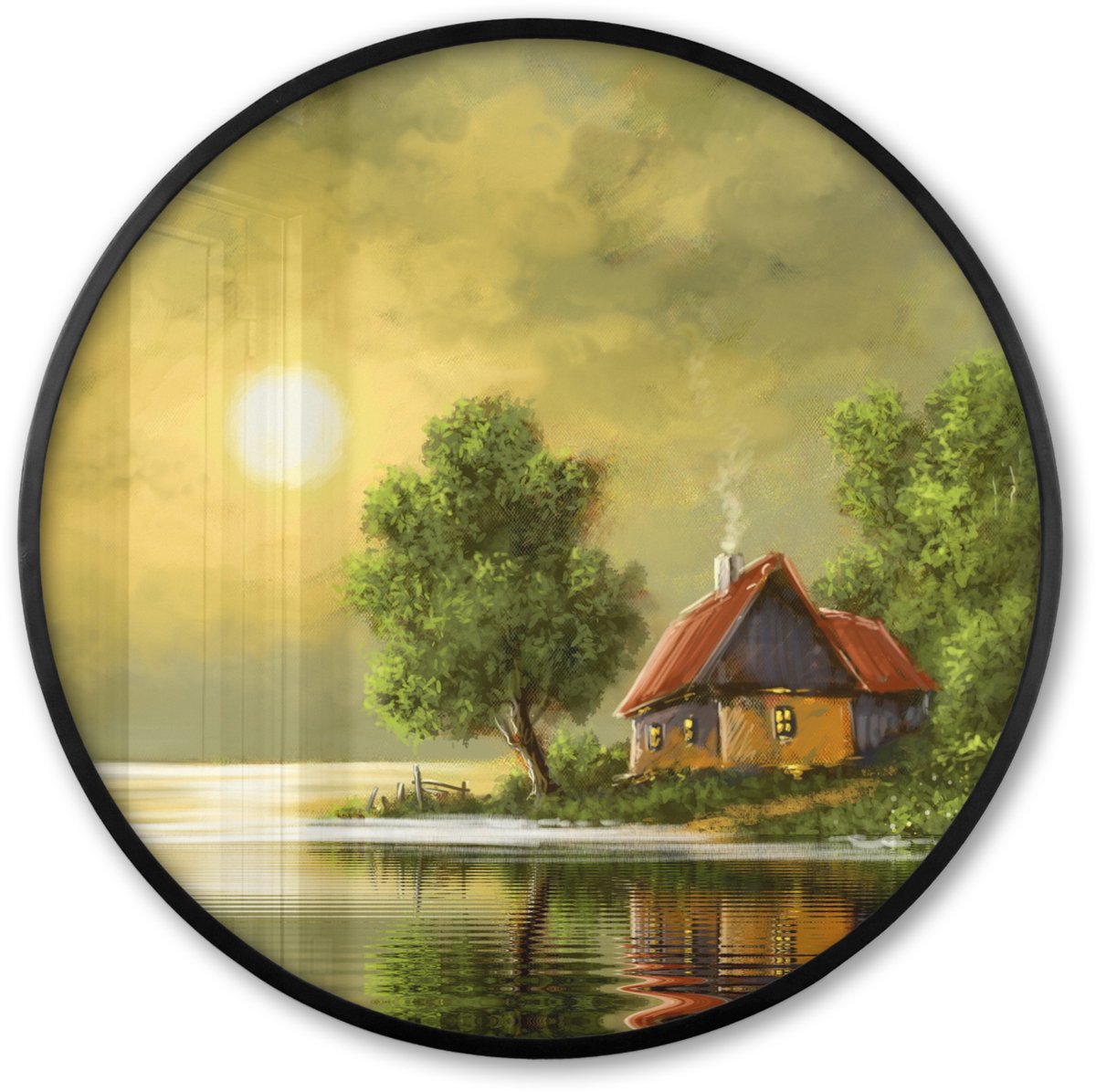 FrameYourWall Poster in lijst Rond - Fotolijst 80x80 cm - Posters - Schilderij - Olieverf - Huis - Natuur - Water - Ronde posterlijst zwart - Decoratie - Wanddecoratie woonkamer - Muurdecoratie slaapkamer Multicolor