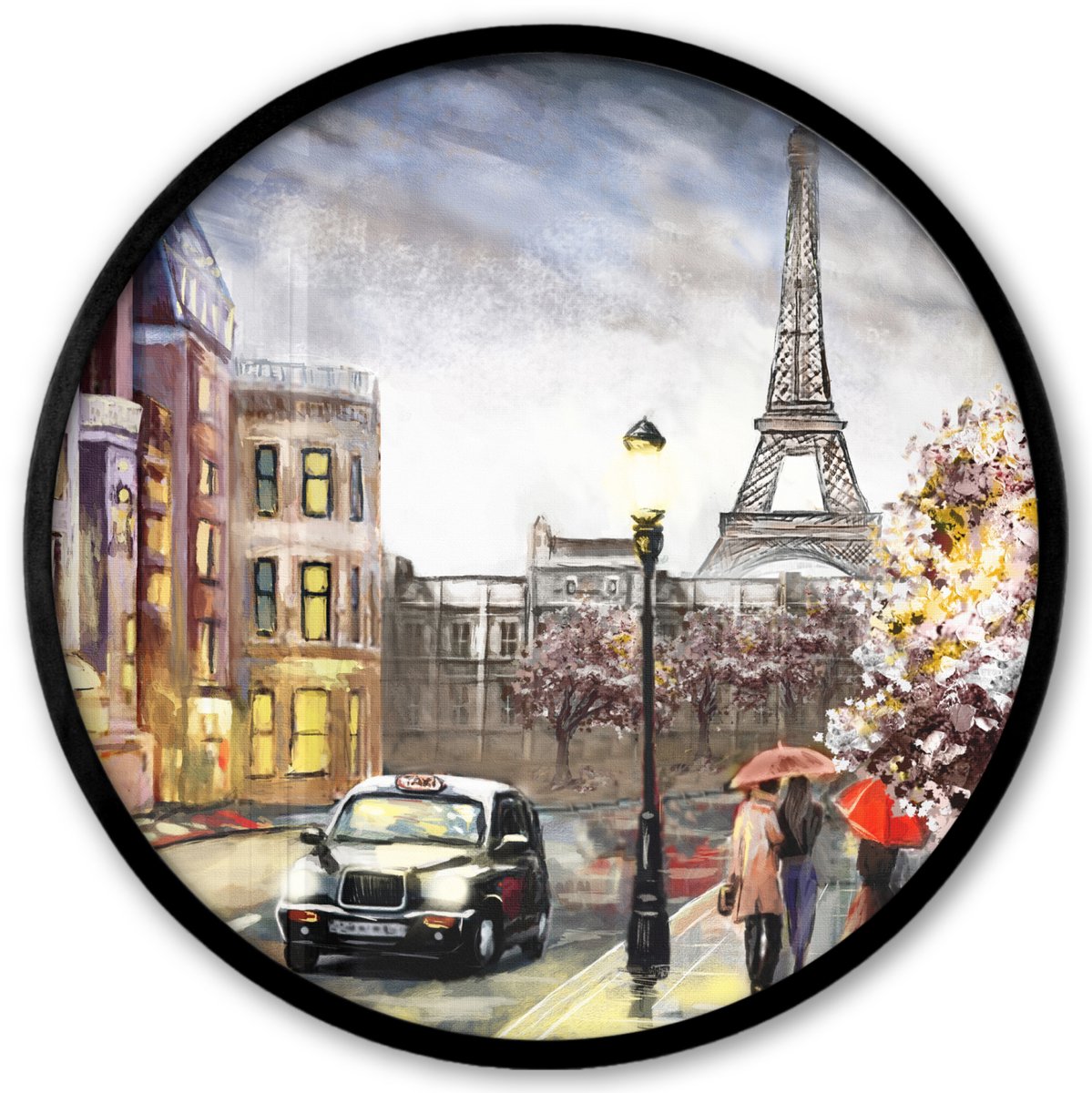 FrameYourWall Poster in lijst Rond - Fotolijst 40x40 cm - Posters - Schilderij - Parijs - Frankrijk - Olieverf - Ronde posterlijst zwart - Decoratie - Wanddecoratie woonkamer - Muurdecoratie slaapkamer Multicolor