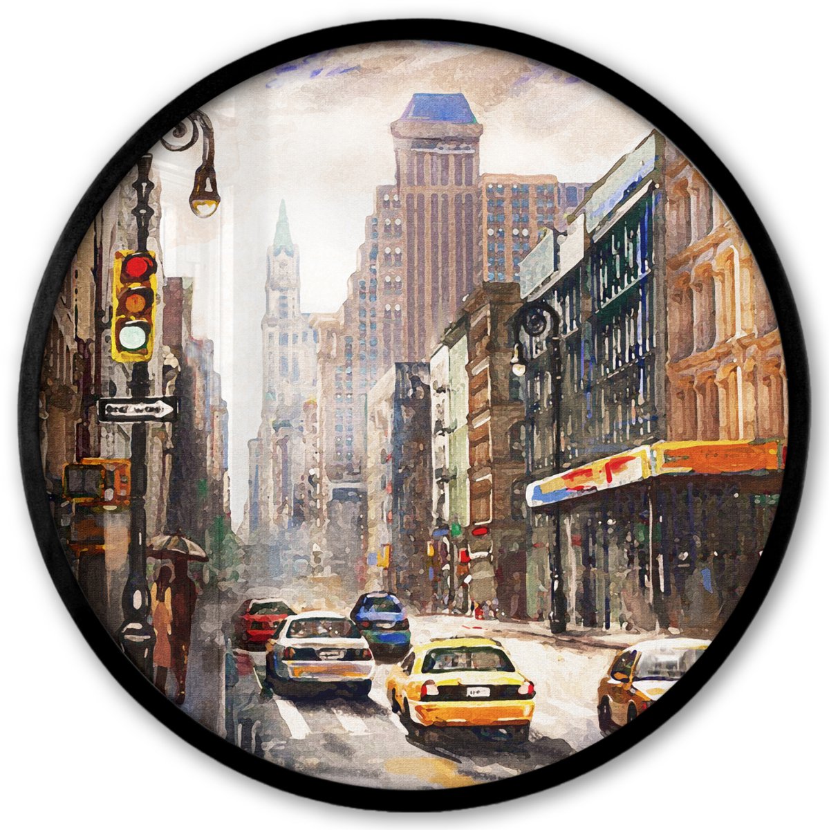 FrameYourWall Poster in lijst Rond - Fotolijst 40x40 cm - Posters - Schilderij - Stad - Auto - Olieverf - Ronde posterlijst zwart - Decoratie - Wanddecoratie woonkamer - Muurdecoratie slaapkamer Verf - New York