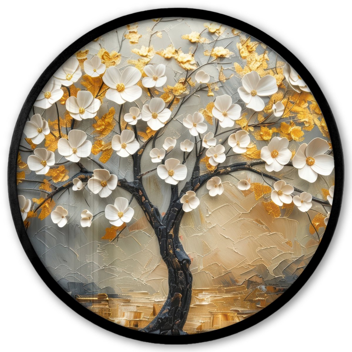 FrameYourWall Poster in lijst Rond - Fotolijst 40x40 cm - Posters - Boom - Bloemen - Goud - Beige - Ronde posterlijst zwart - Decoratie - Wanddecoratie woonkamer - Muurdecoratie slaapkamer