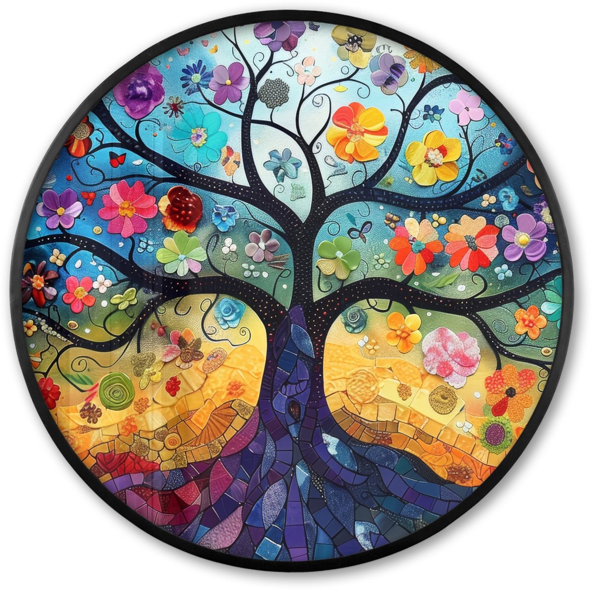 FrameYourWall Poster in lijst Rond - Fotolijst 60x60 cm - Posters - Boom - Kleurrijk - Bloemen - Kunst - Abstract - Ronde posterlijst zwart - Decoratie - Wanddecoratie woonkamer - Muurdecoratie slaapkamer