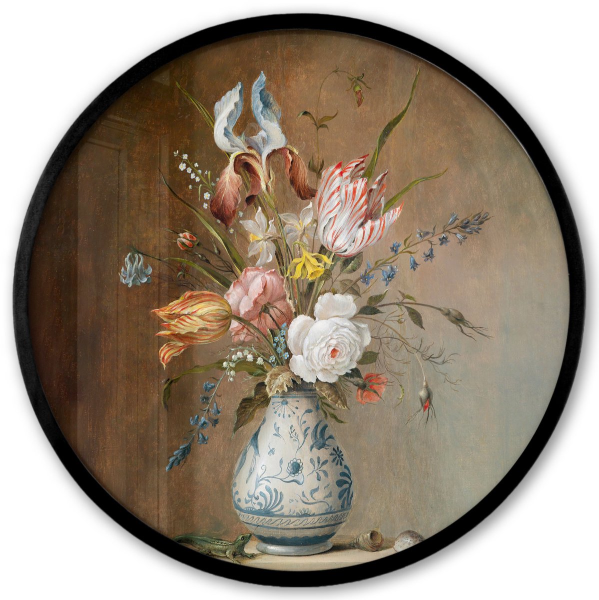 FrameYourWall Poster in lijst Rond - Fotolijst 40x40 cm - Posters - Oude meesters - Bloemen - Balthasar van der Ast - Ronde posterlijst zwart - Decoratie - Wanddecoratie woonkamer - Muurdecoratie slaapkamer Oude meesters - Stilleven
