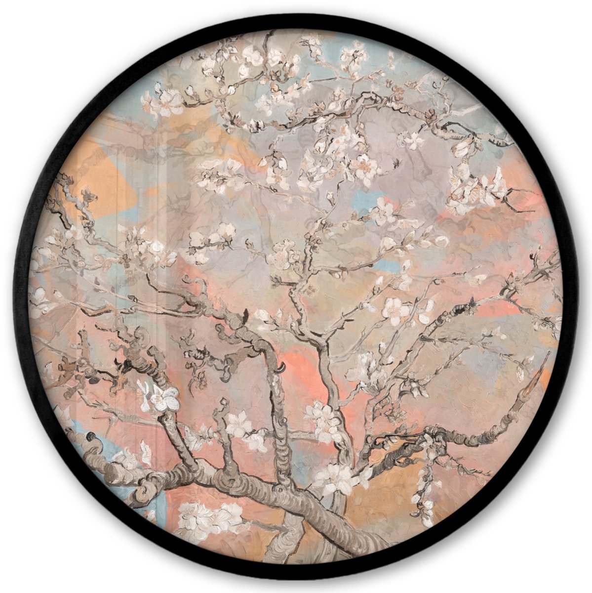 FrameYourWall Poster in lijst Rond - Fotolijst 40x40 cm - Posters - Amandelbloesem - Kunst - Van Gogh - Pastel - Ronde posterlijst zwart - Decoratie - Wanddecoratie woonkamer - Muurdecoratie slaapkamer Abstract - Amandelbloesem