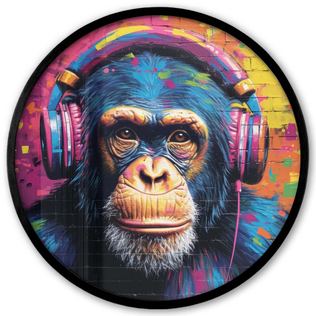 FrameYourWall Poster in lijst Rond - Fotolijst 40x40 cm - Posters - Graffiti - Chimpansee - Street art - Koptelefoon - Aap - Ronde posterlijst zwart - Decoratie - Wanddecoratie woonkamer - Muurdecoratie slaapkamer Graffiti - Chimpansee - Koptelefoon