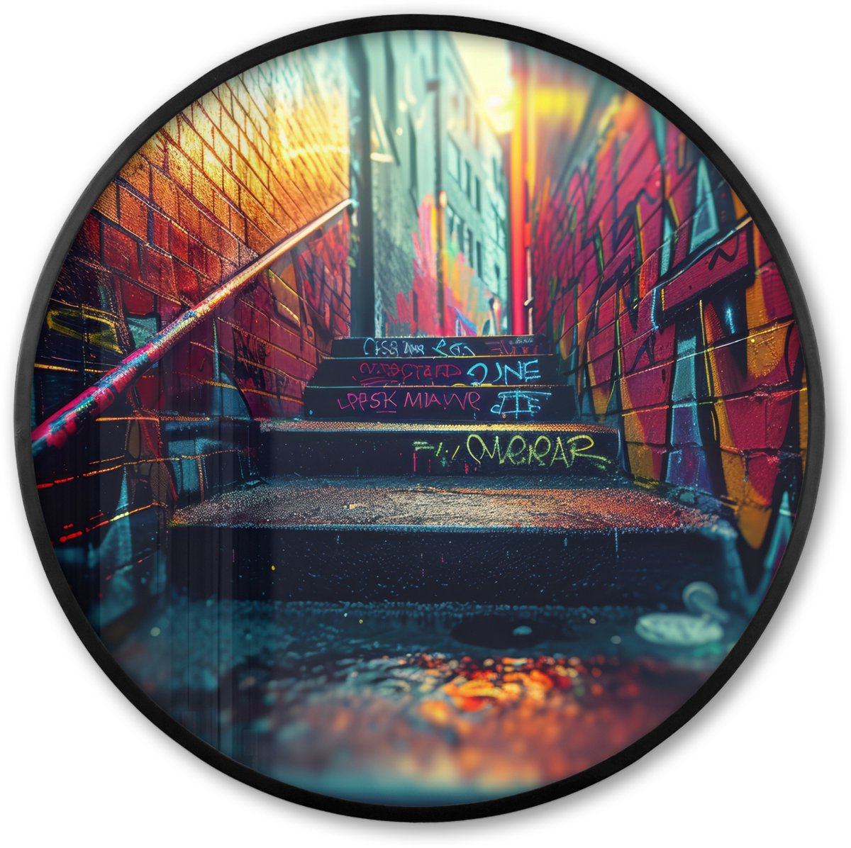 FrameYourWall Poster in lijst Rond - Fotolijst 60x60 cm - Posters - Architectuur - Neon - Trap - Graffiti - Ronde posterlijst zwart - Decoratie - Wanddecoratie woonkamer - Muurdecoratie slaapkamer Graffiti - Trap