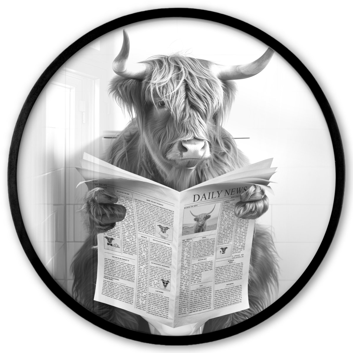 FrameYourWall Poster in lijst Rond - Fotolijst 40x40 cm - Posters - Schotse Hooglander - Dier - Krant - WC - Ronde posterlijst zwart - Decoratie - Wanddecoratie woonkamer - Muurdecoratie slaapkamer Schotse hooglander - Krant
