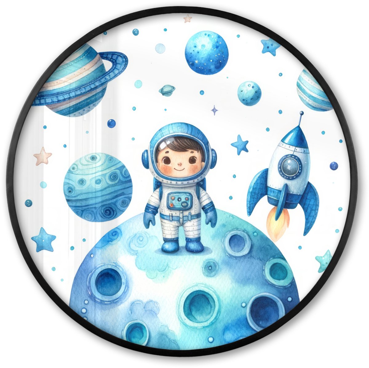 FrameYourWall Poster in lijst Rond - Fotolijst 80x80 cm - Posters - Ruimte - Blauw - Astronaut - Sterren - Planeten - Ronde posterlijst zwart - Decoratie - Wanddecoratie woonkamer - Muurdecoratie slaapkamer Ruimte - Planeten
