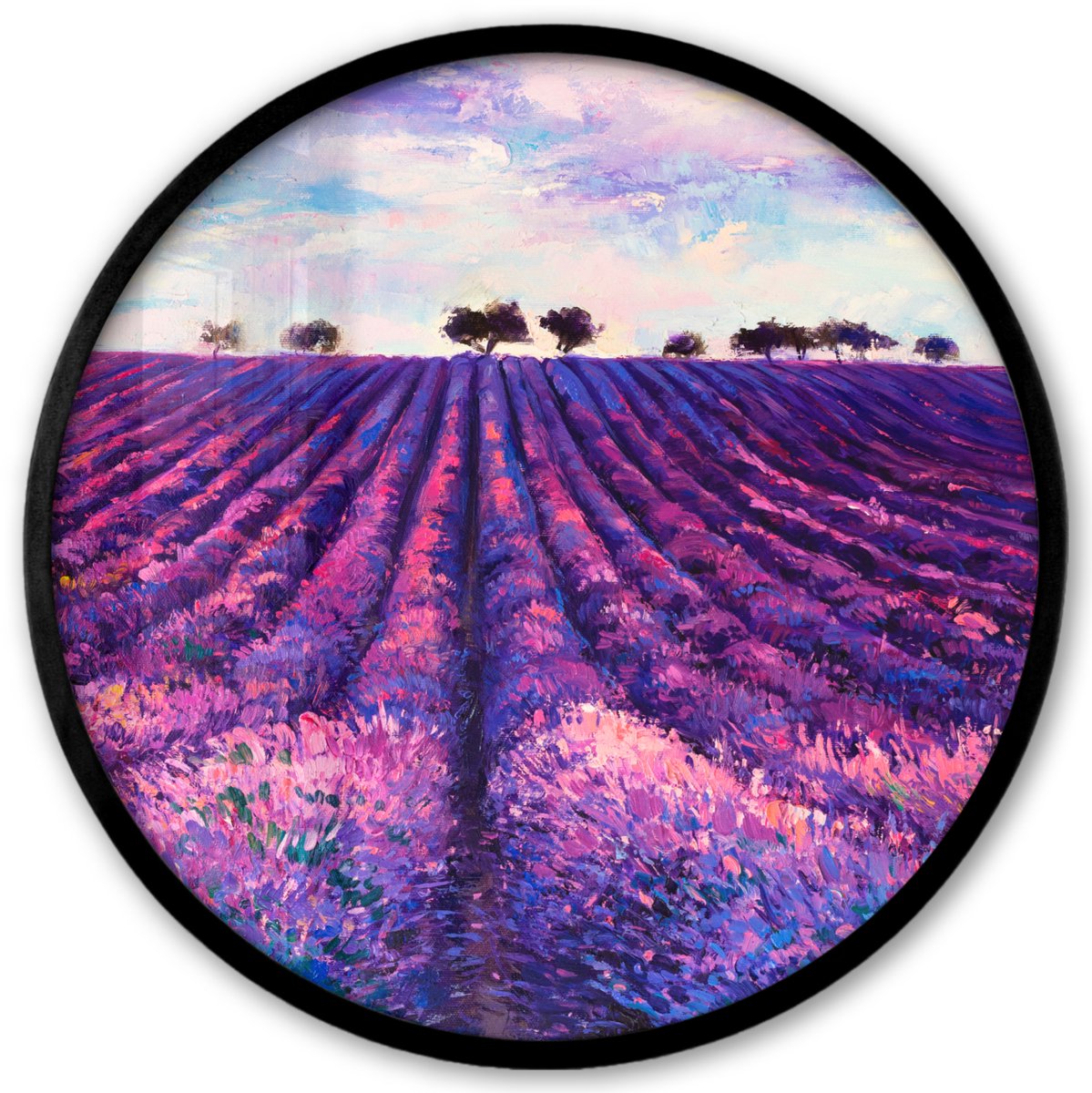 FrameYourWall Poster in lijst Rond - Fotolijst 40x40 cm - Posters - Olieverf - Schilderij - Bloemen - Ronde posterlijst zwart - Decoratie - Wanddecoratie woonkamer - Muurdecoratie slaapkamer Lavendel - Verf