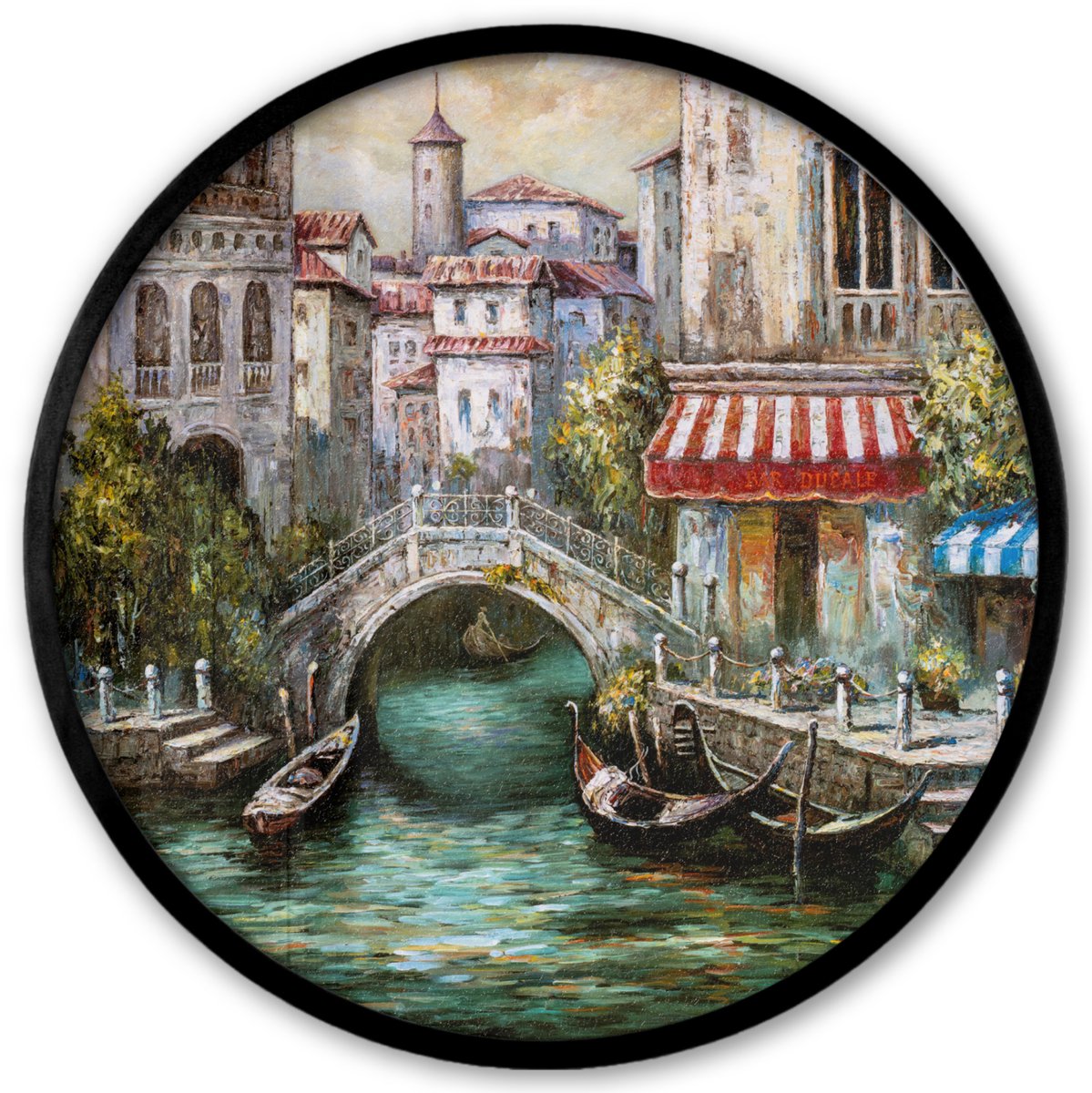 FrameYourWall Poster in lijst Rond - Fotolijst 40x40 cm - Posters - Schilderij - Olieverf - Water - Gracht - Italië - Ronde posterlijst zwart - Decoratie - Wanddecoratie woonkamer - Muurdecoratie slaapkamer Multicolor