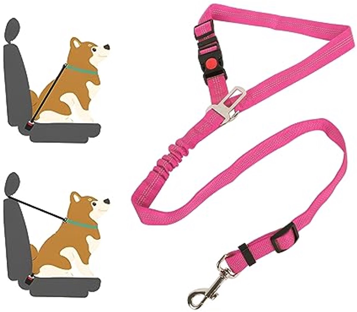 Veiligheidsgordel voor Honden - Verstelbare Autoriem met Reflecterende Strips en Buffertouwen voor Grote, Middelgrote en Kleine Honden (Roze/Rood)
