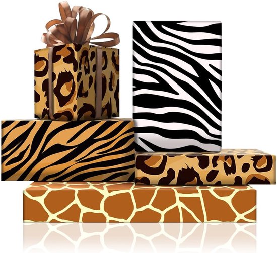 Papier cadeau imprimé fourrure et peau de Paw d'animal de la jungle - Feuilles pliées à plat de 50 x 70 cm en 4 motifs - Avec Zebra de Tiger de 22 m - Papier cadeau pour Bébé prénatale, Shower , mariage