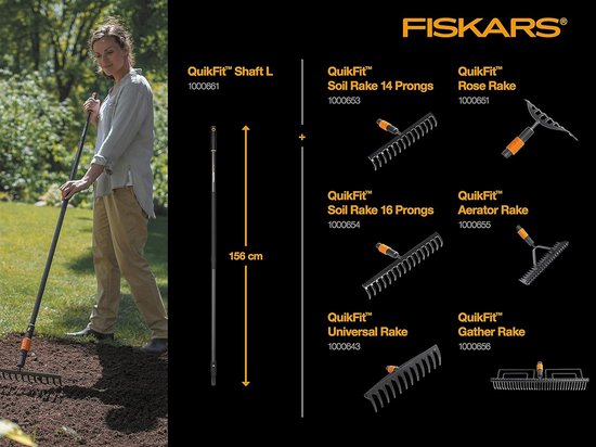 Fiskars Quikfit™ hark - Tuinhark - Opzetstuk - 14-tanden van Carbonstaal - 20,5 cm
