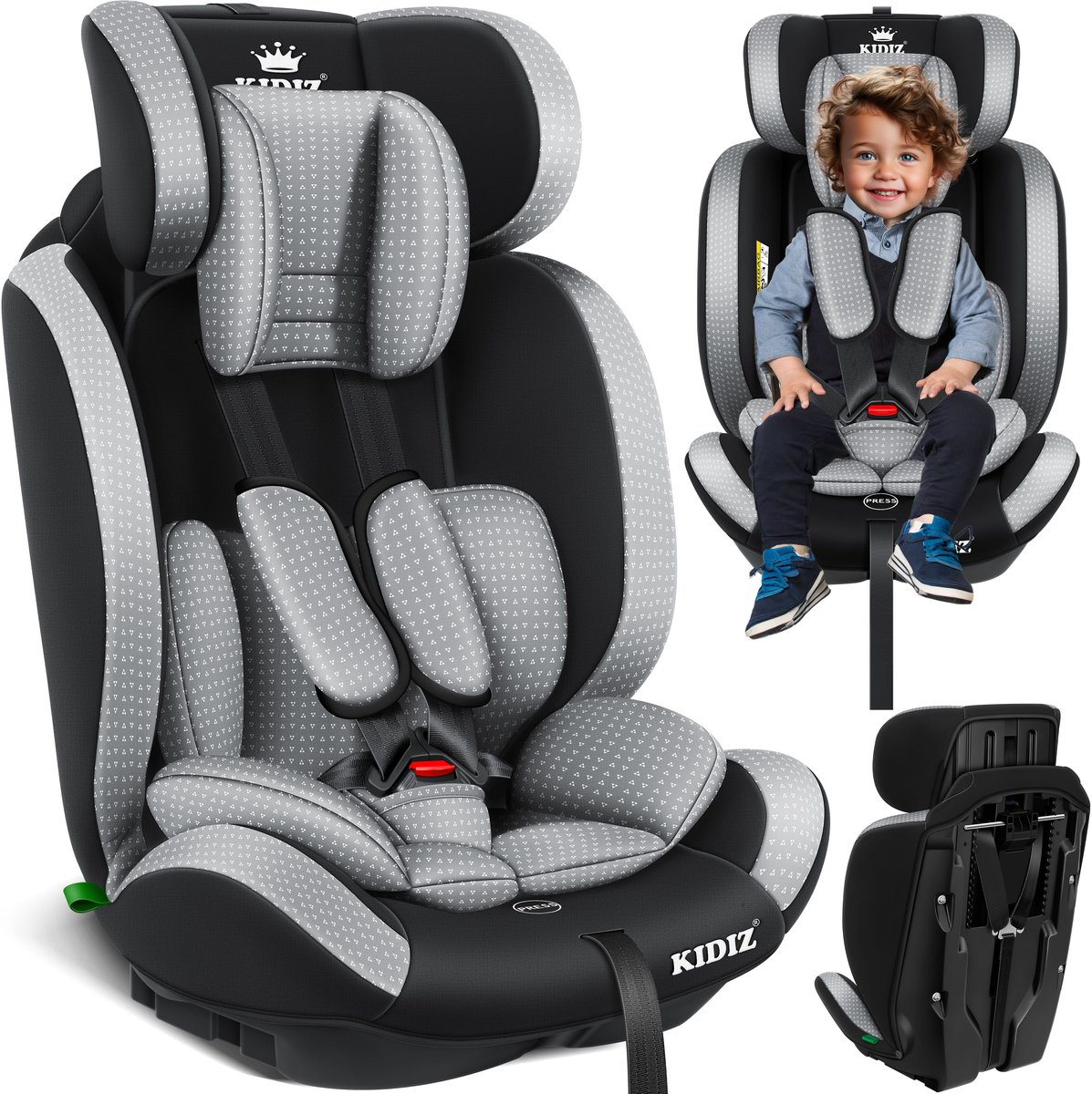 KIDIZ® kinderautostoeltje | kuip autostoeltje | 9 kg - 36 kg 1-12 jaar | groep 1/2 / 3 | universeel | goedgekeurd volgens ECE R44/04 | 6 verschillende kleuren | - Grijs