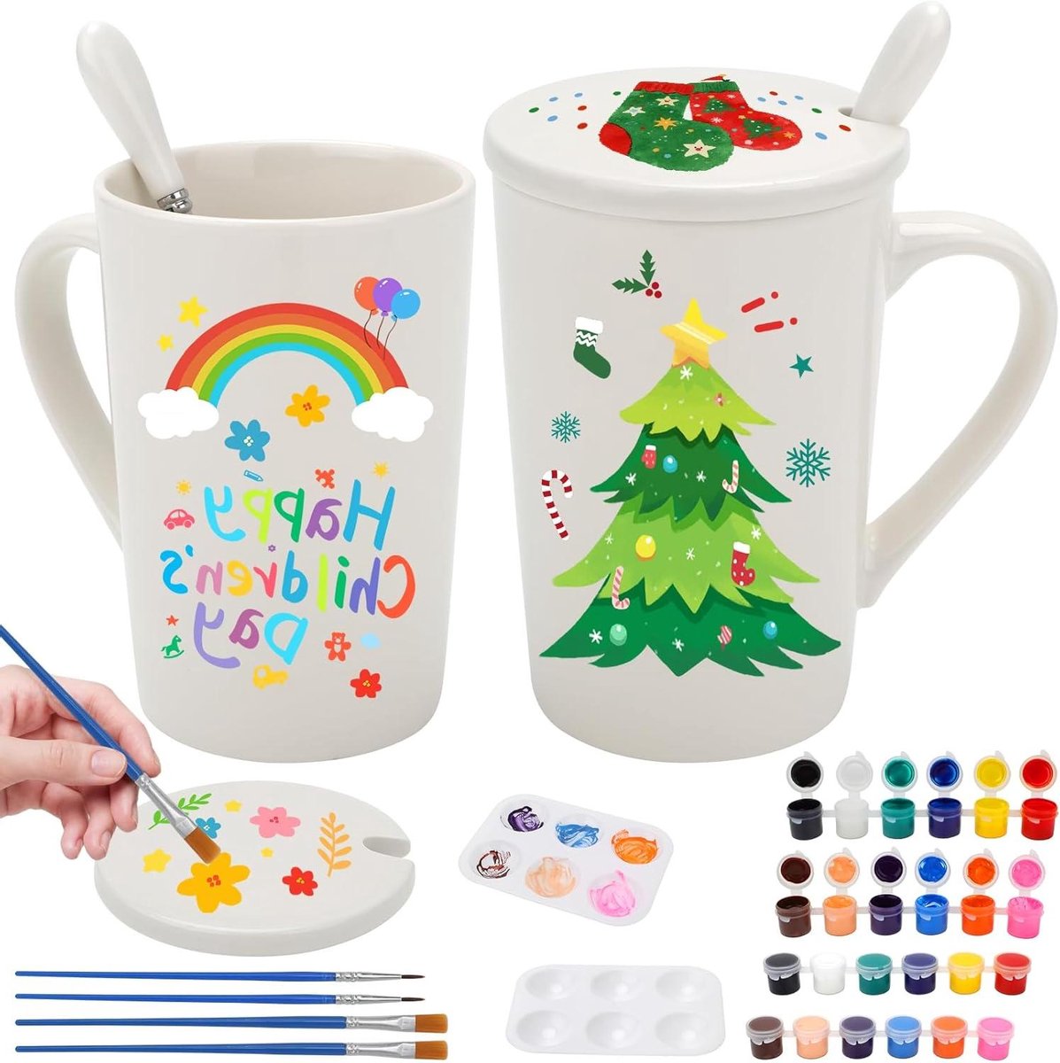 Allecto plus - Keramische verfset voor mokken, DIY met 2 kopjes, 12 kleuren, penselen en handleiding - Creatieve set volwassenen