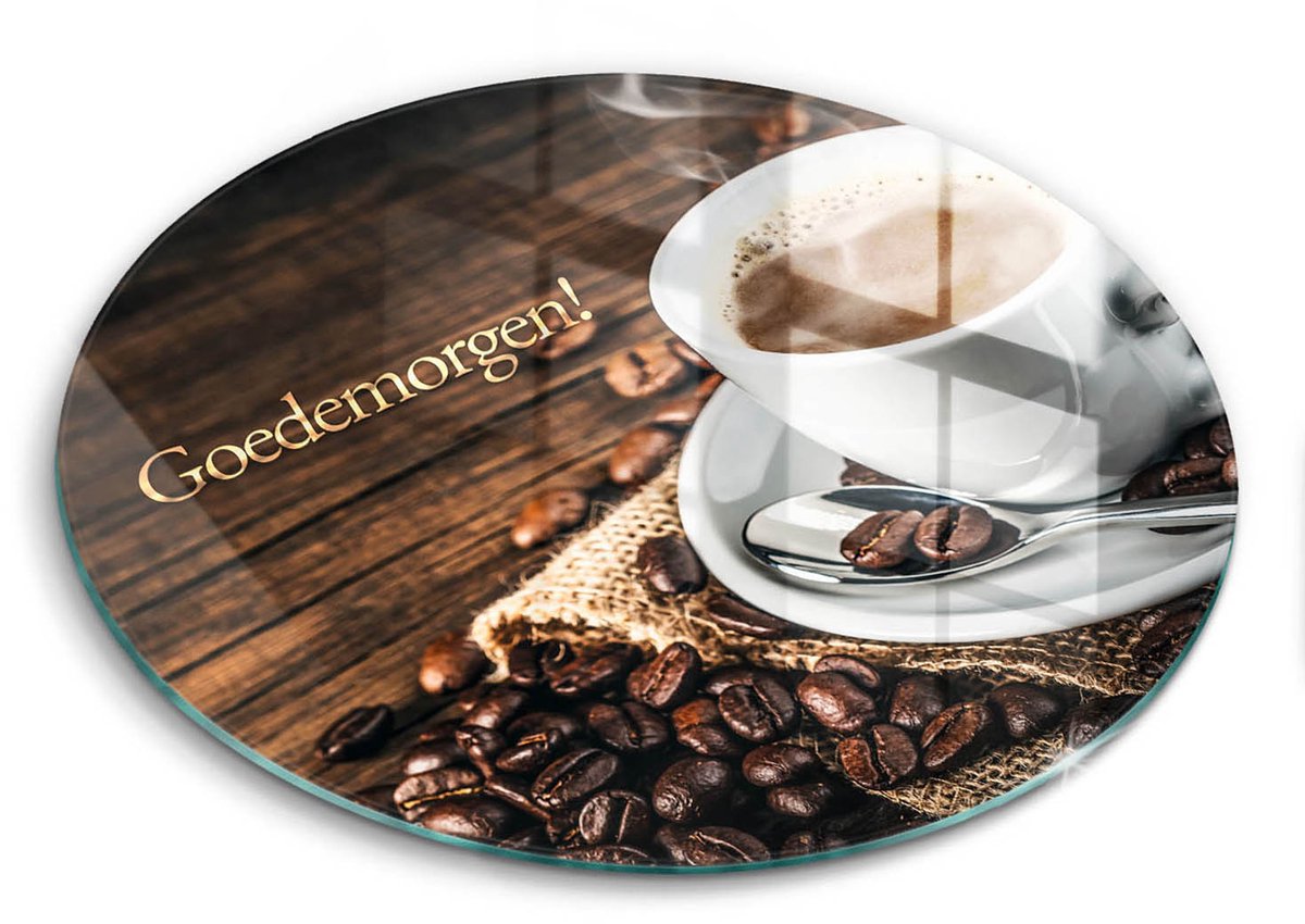 Wallfluent Glazen Snijplanken - Goedemorgen! Snijplanken Glas - fi30 cm - Bruin Snijplanken van Glas - Glazen Hakplank - Decoratieve Glazen Snijplank - Glazen Snijplank met Antislip