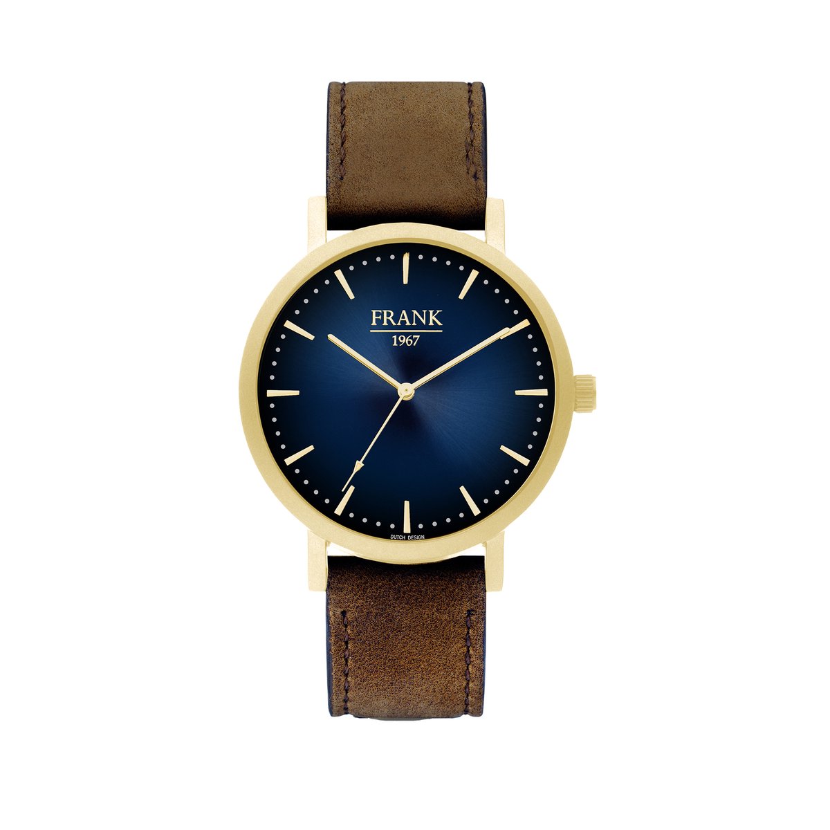 Frank 1967 7FW 0025 Metalen Horloge met Bruine Leren Band -Doorsnee 42 mm - Blauw- Goudkleurig