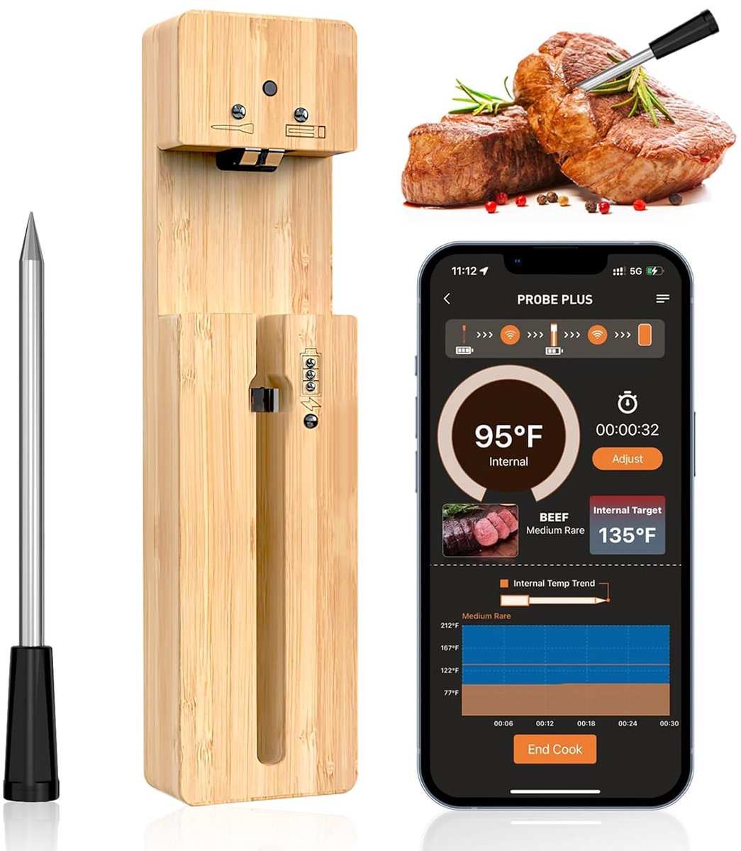 Intelligent Meat Thermometer - Draadloos - 100 m Bluetooth - IPX7 Waterdicht voor Oven - Grill - Rookoven