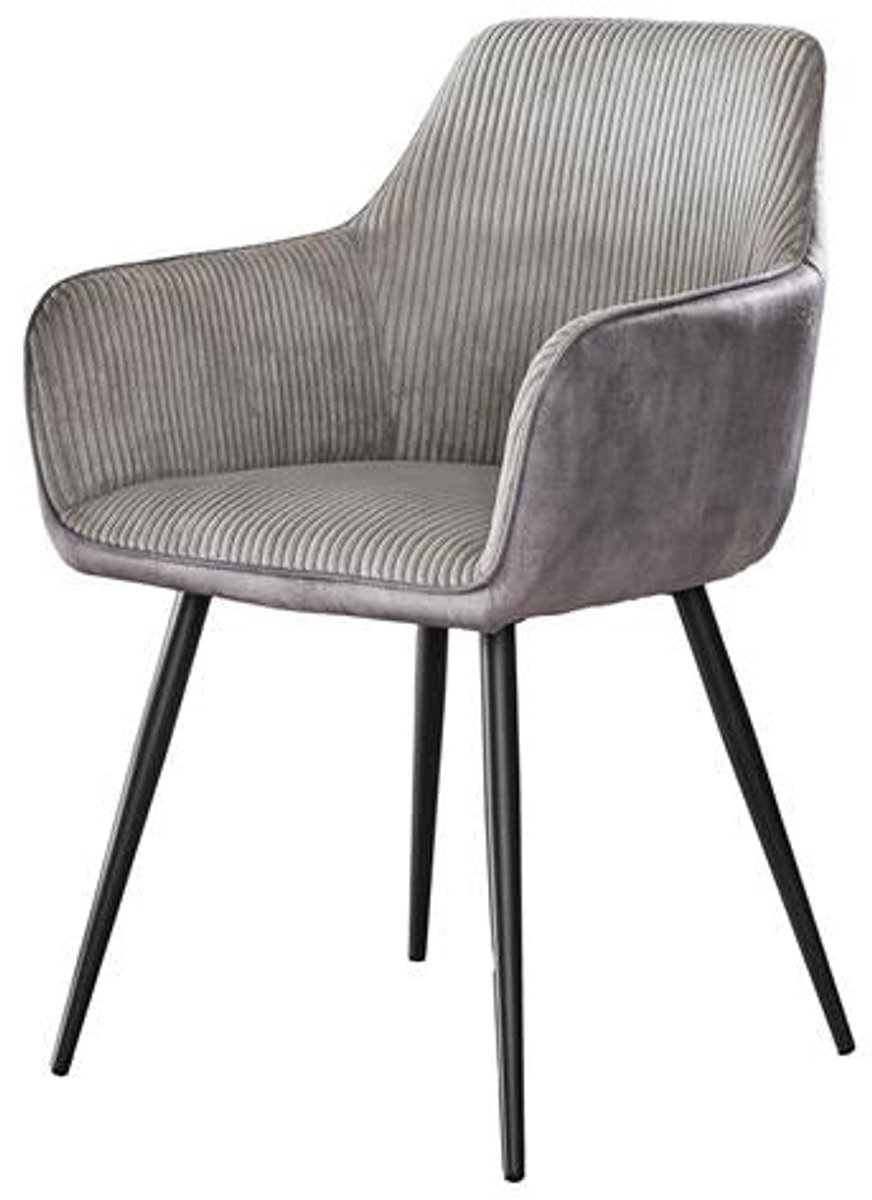 Eetkamerstoel Grijs Geribt Set Van 2 - Grijze Dinerstoel met Comfortabele Ribstoffering Zitting - Luxe Velours Stoel in Industriële Stijl - Industrieel Eetkamer Stoel (57x59x85) Set Van 2