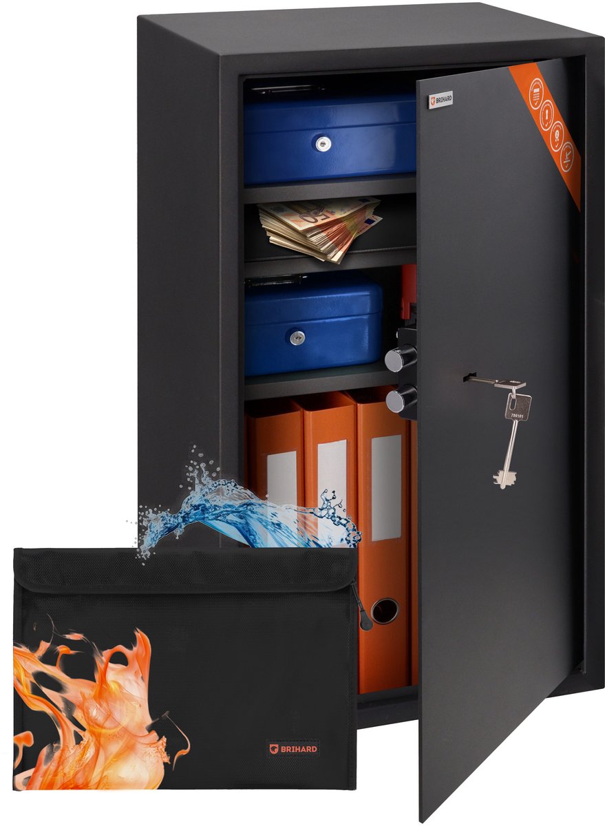 Brihard Business XXL K Black Pearl Zakelijke Kluis - Grote Archiefkluis voor Ordners en A4 Documenten - Sleutelslot Safe met 3 Legplanken - Inclusief Brandwerende A4 Tas en Bodemmat - Inbraakwerende Documentenkluis - Zwart Satin