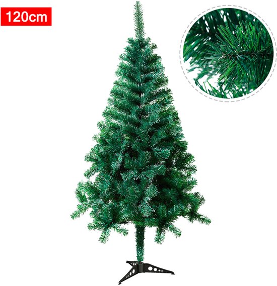 Groene kunstkerstboom van 120 cm met een stevige standaard en een inzetstuk met close-up van de naalden.