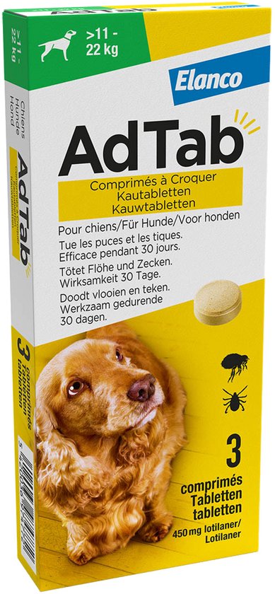 AdTab kauwtabletten voor honden van 11-22 kg met een bruine hond. Verpakking voor 3 tabletten.